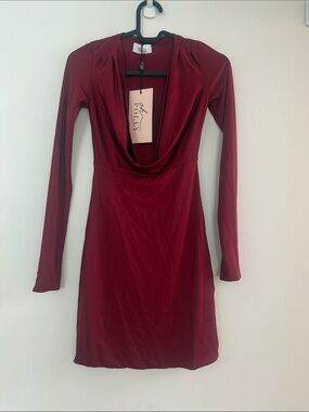 Oh Polly Burgundy Long-Sleeve Cowl Neck Dress